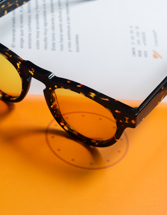 Leonard Sunglasses in Flame with Honey See Through lenses over a book opened to a deep honey page.