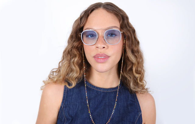 Mykonos Ace Sunglasses with sunglass chain shown on model