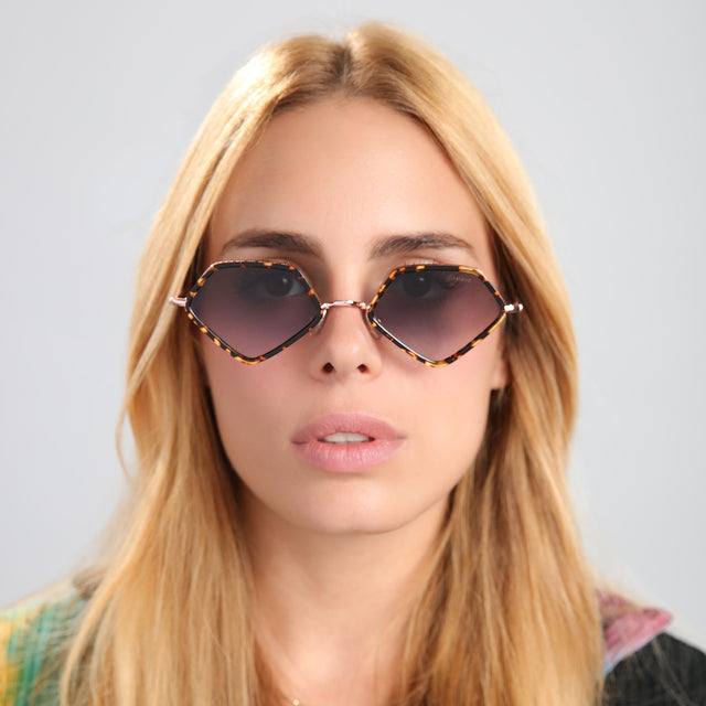 Blond woman in a multiwearing knit blouse wearing Beak Ace 53 Sunglasses Flame/Rose Gold with Grey Flat Gradient