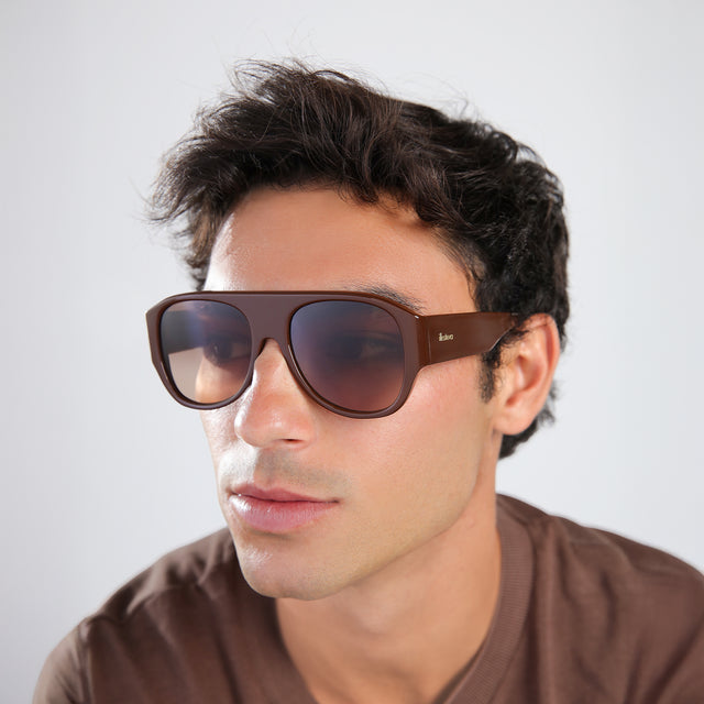 Another angle of man with brown hair in a brown tee wearing Colorado Sunglasses Espresso with Brown Gradient