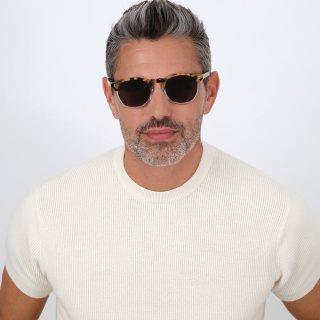 Model with salt and pepper hair and beard wearing Eldridge Sunglasses H/H Tortoise/Clear with Grey Flat