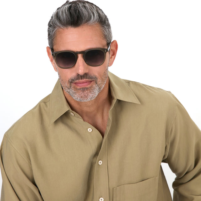 Model with salt and pepper hair and beard wearing Eldridge Sunglasses Olive with Grey Flat Gradient