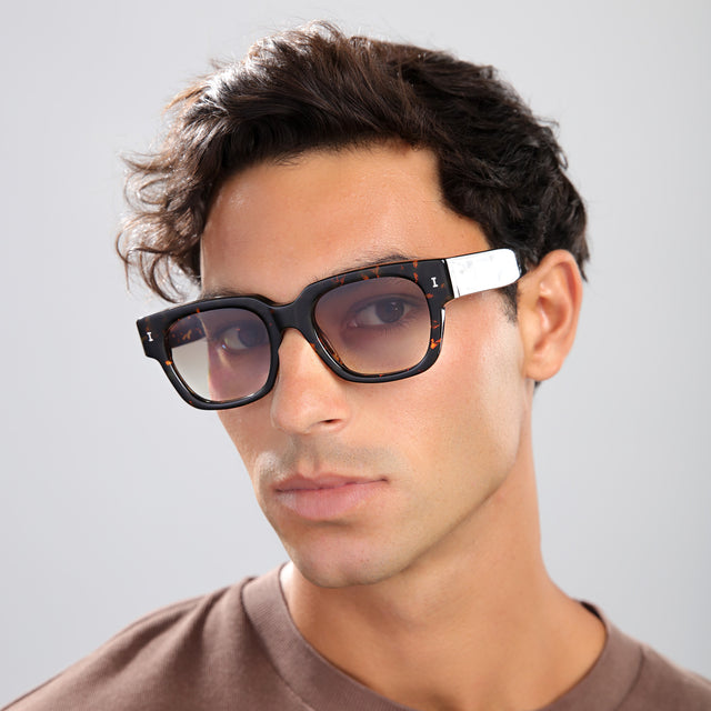 Close up of man in a brown shirt wearing Francesco Sunglasses Flame with Taupe Gradient