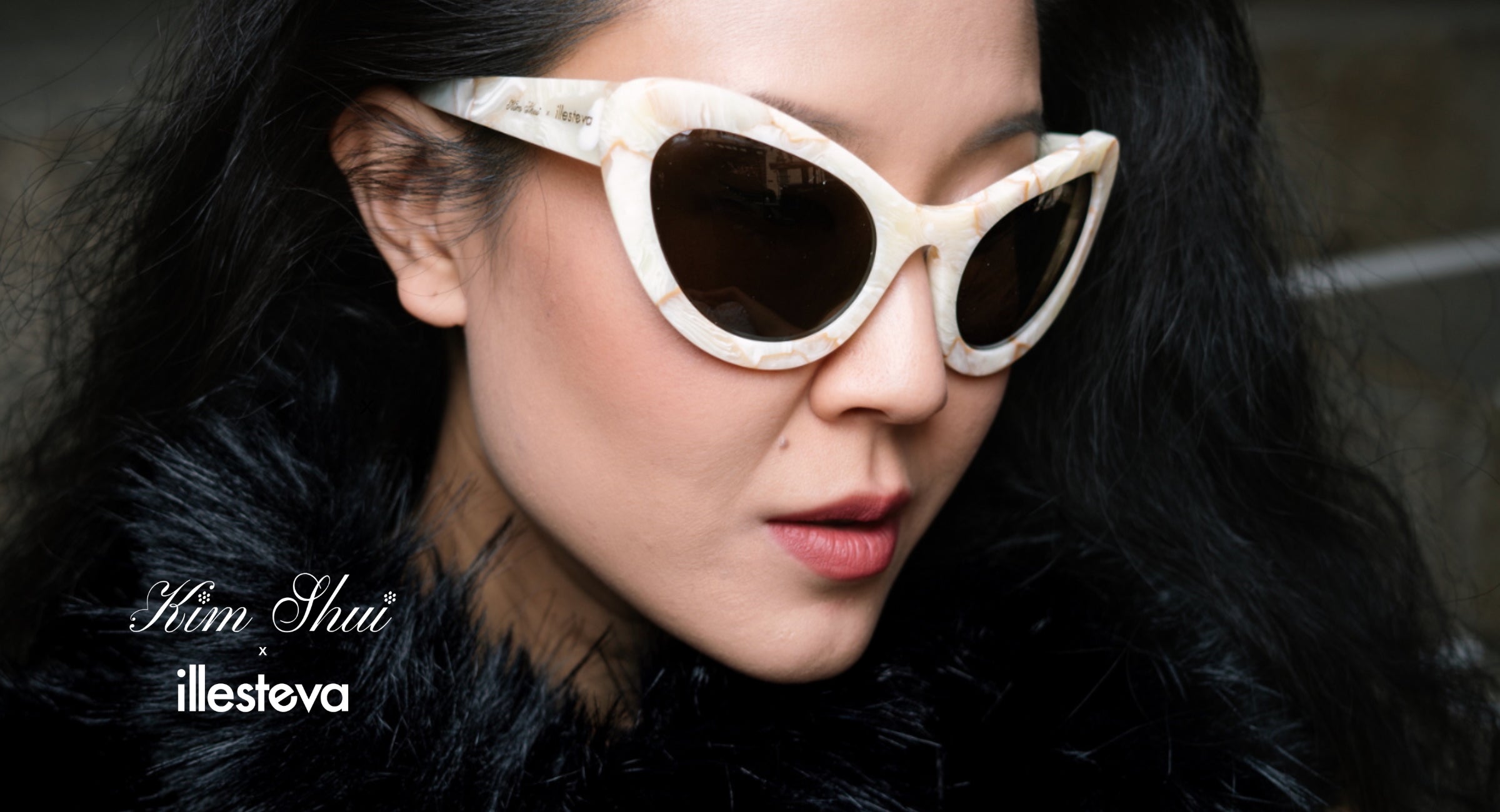 Kim Shui wearing the collaboration frame in Savannah Cream Marble