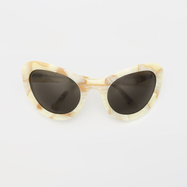 Kim Shui Sunglasses shown with the temples folded Savannah Cream Marble with Grey