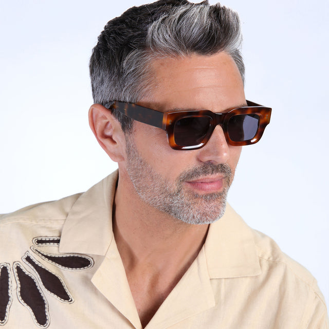 Model with salt and pepper hair and beard wearing Lewis Sunglasses Havana with Grey Flat