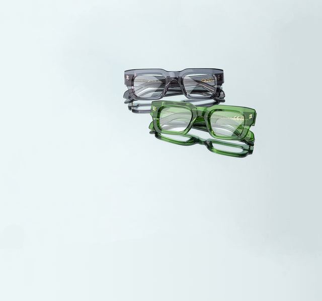 Lewis rectangular optical glasses shown in Mercury Grey and Cactus Green on pastel mint background