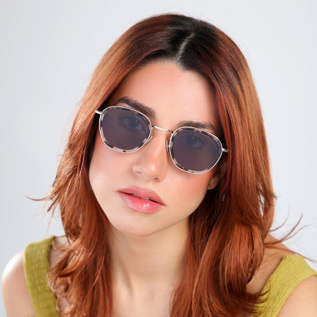 Close up of woman with red hair in a chartreuse blouse Prince Tate Sunglasses side view in White Tortoise/Gold / Grey Flat