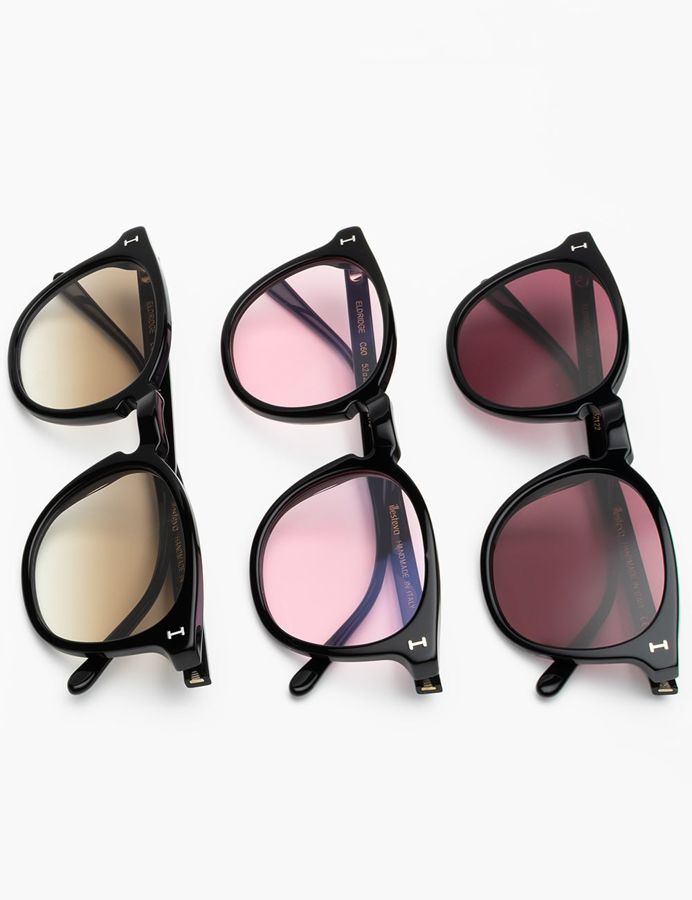 Eldridge Sunglasses shown in Black with Dusty Pink, Plum, and Taupe lenses.