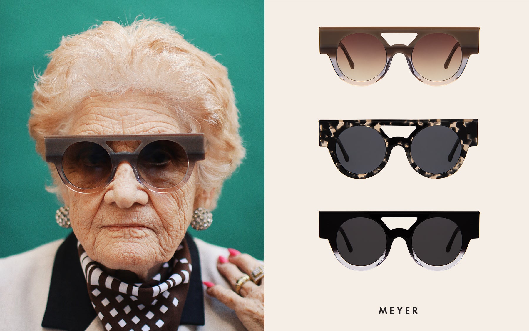 Meyer (10 year anniversary edition) shown in three colors alongside an elderly model wearing the Meyer in Mocha Cream