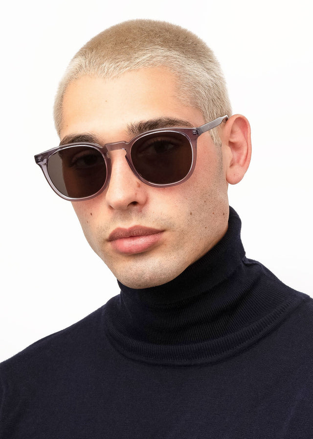 Model with blonde buzzcut wearing Eldridge 56 Sunglasses Mercury with Grey Flat