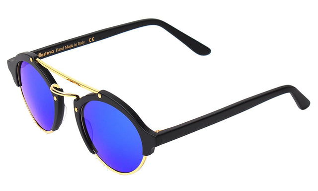  Milan Sunglasses Side Profile in Matte Black/Gold / Blue Mirror