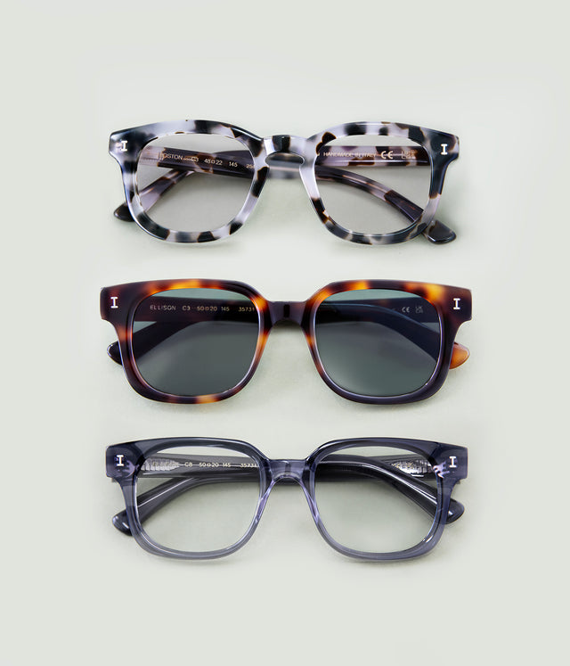 Boston White Tortoise, Ellison Sunglasses, and Ellison Mercury Optical