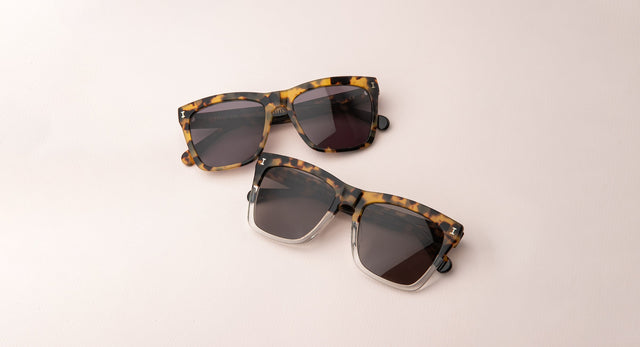 Los Feliz in Tortoise and Half/Half Tortoise Clear displayed on a pink table