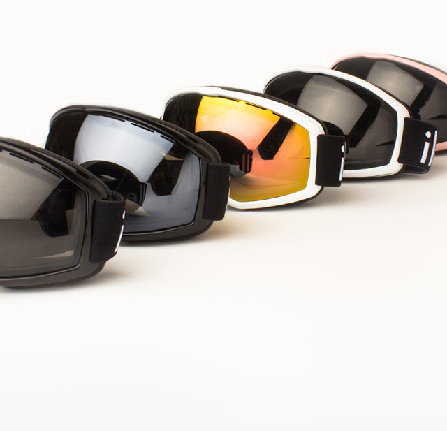 Five pairs of illesteva Ski Goggles in a slanted row