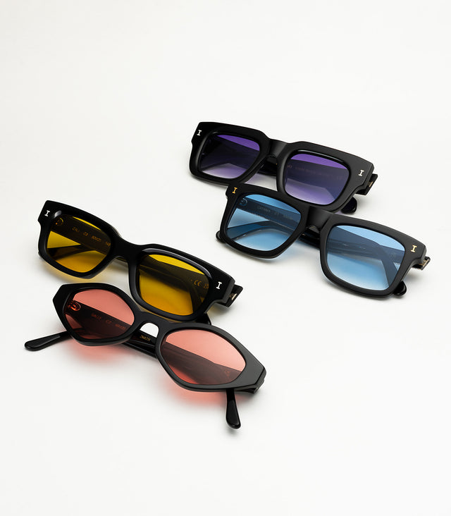 Lewis 50, Catania, Cali, Sally Sunglasses all shown in black with varying lens color tints