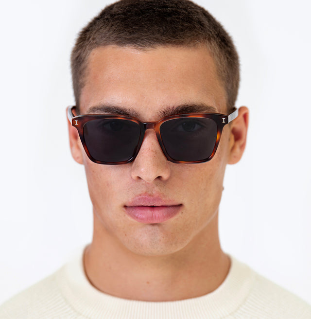 Model with buzzcut wearing Asheville Sunglasses Havana with Grey