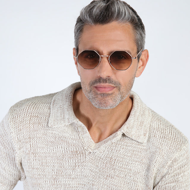 Model with salt and pepper hair and beard wearing Broome Sunglasses Rose Gold with Brown Flat Gradient