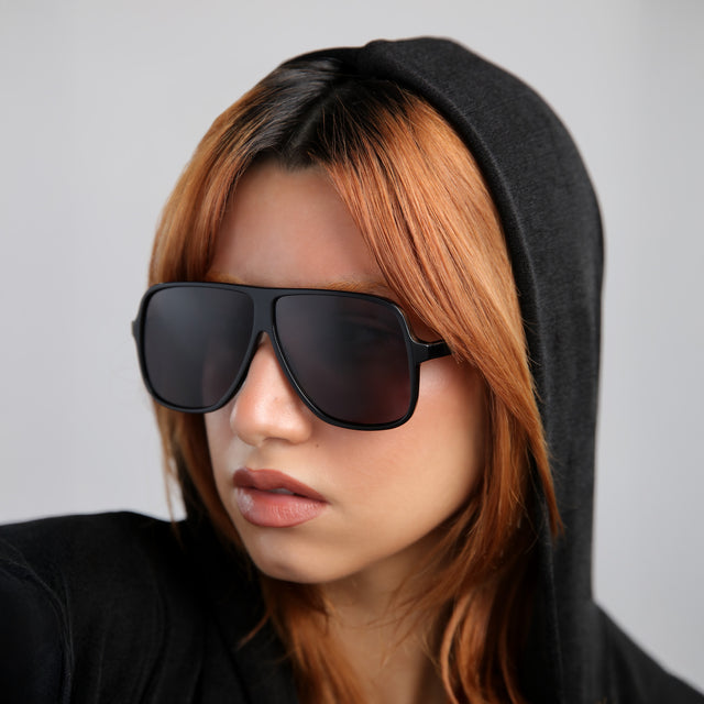 Close up of model with red hair wearing Connecticut Sunglasses Black with Grey