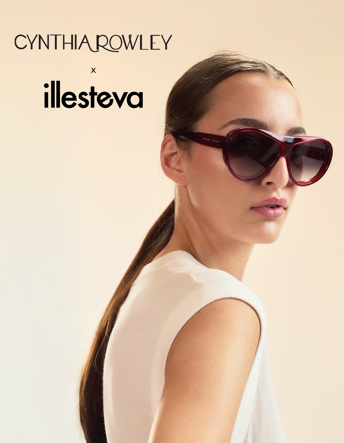 Woman in a white blouse wearing Cynthia Rowley x illesteva (narrow shot)