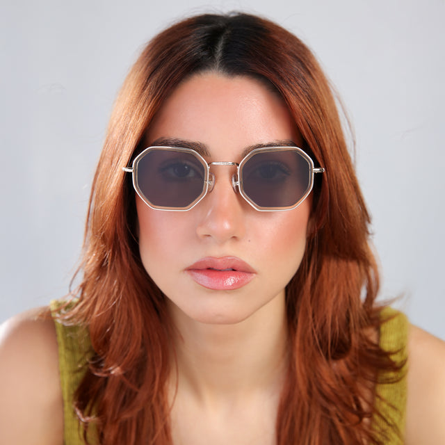 Close up of woman with red hair in a chartreuse blouse Dylan Tate Sunglasses side view in Citrine/Gold / Grey Flat