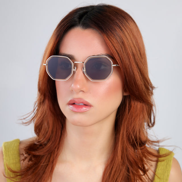 Woman with red hair in a chartreuse blouse looking right Dylan Tate Sunglasses side view in Citrine/Gold / Grey Flat
