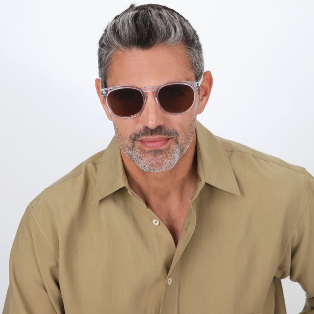 Model with salt and pepper hair and beard wearing Eldridge 56 Sunglasses Clear with Brown Flat