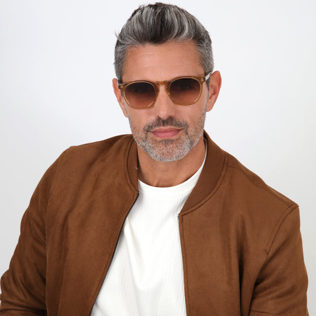 Model with salt and pepper hair and beard wearing Eldridge Sunglasses Brown with Brown Flat Gradient
