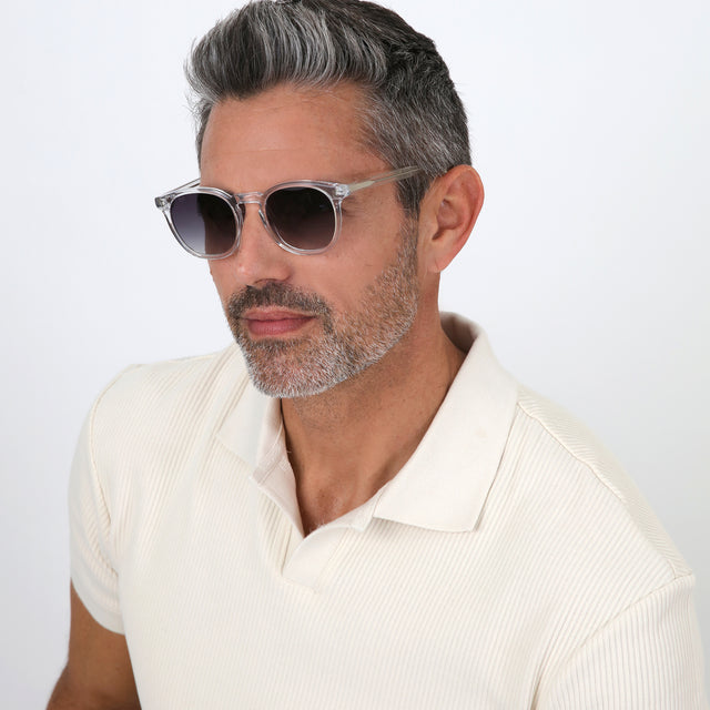 Model with salt and pepper hair and beard wearing Eldridge Sunglasses Clear with Grey Flat Gradient