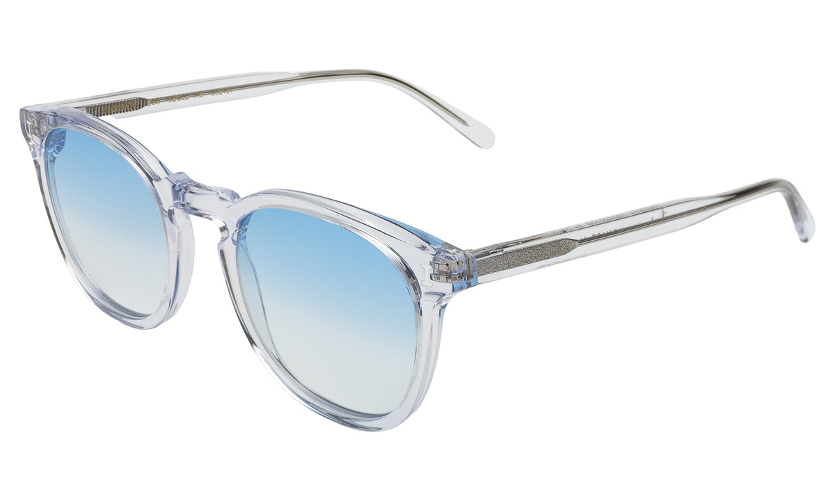 Eldridge Sunglasses in Clear with Blue Flat Gradient See Through lenses, side view
