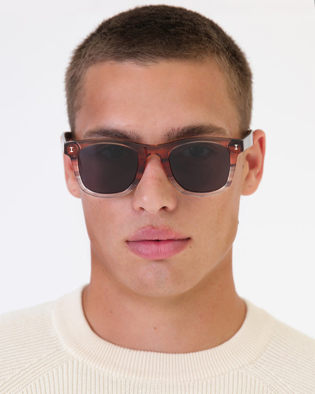 Model with buzzcut wearing James Sunglasses Sedona with Grey