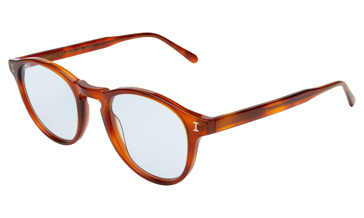 Lawrence Sunglasses in Red Havana with Pale Blue Flat See Through lenses, side view