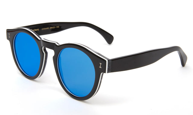 Leonard (Classic Flex Hinge) Sunglasses Side Profile in Tuxedo / Sky Blue Flat Mirror