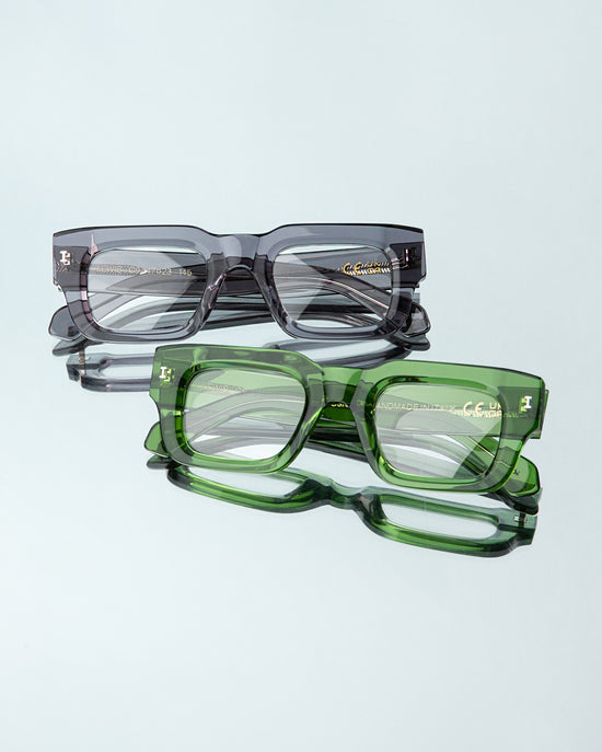 Lewis rectangular optical glasses shown in Mercury Grey and Cactus Green on pastel mint background