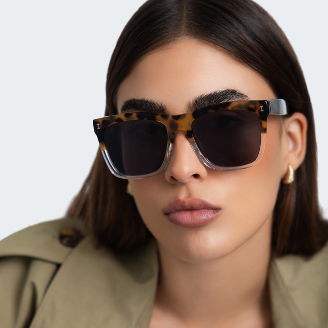 Close up of a woman in a trench coat  wearing Los Feliz Sunglasses Half/Half Tortoise with Grey