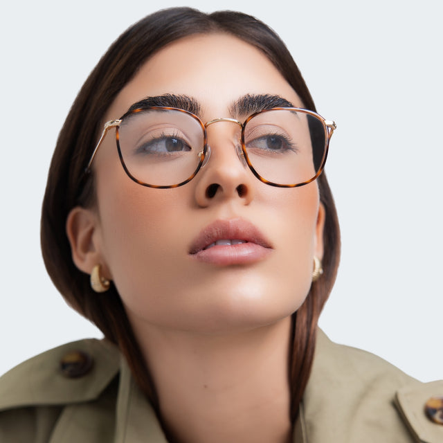 Close up of woman looking left wearing Mayfair Optical Havana/Gold Optical
