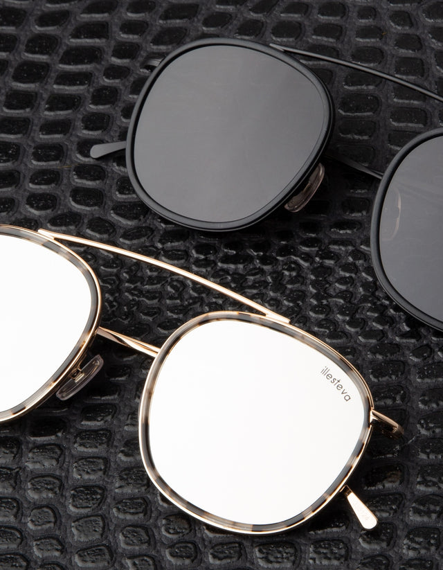 Mykonos Ace in White Tortoise and Matte Black with custom mirror lenses shown in Black Mirror and Silver Mirror