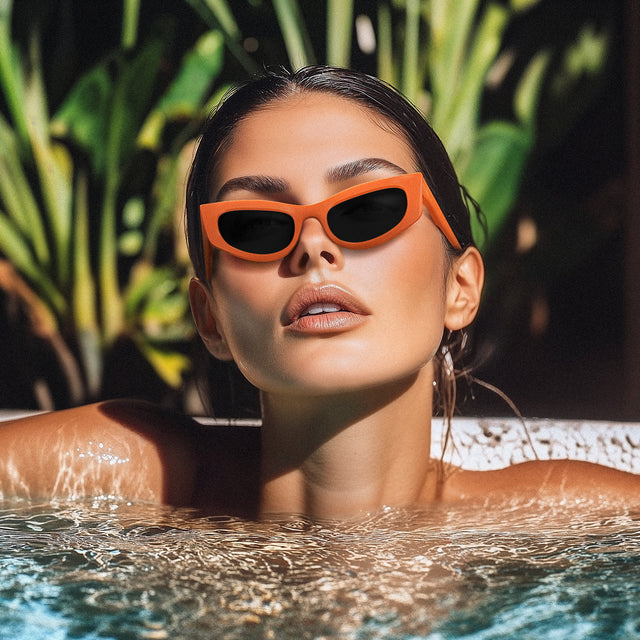 Model in a pool near snake plants wearing Alexa Sunglasses