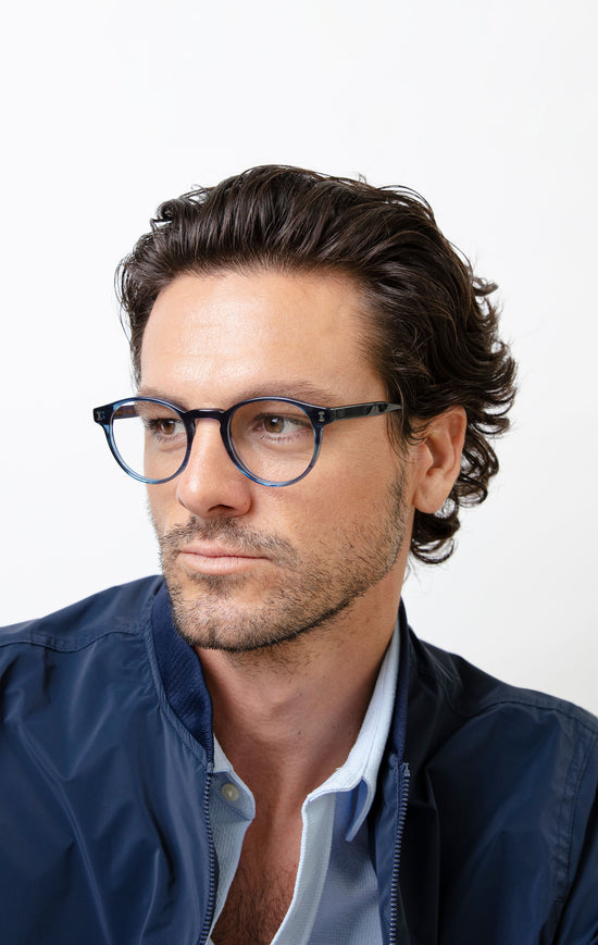 Wyoming optical glasses in Aegean Blue shown on male model partial side profile