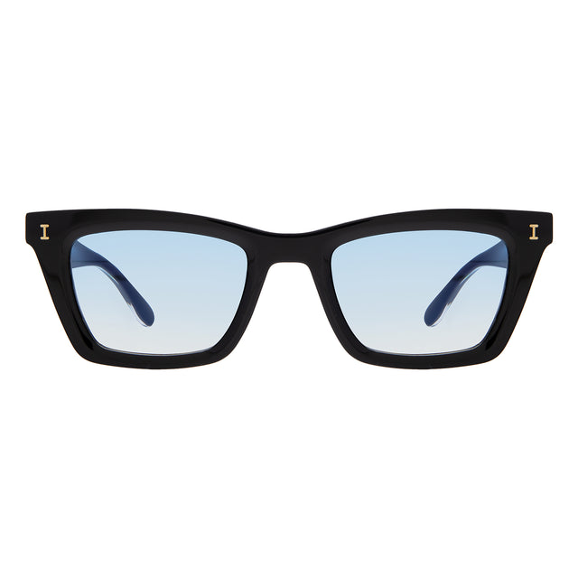Portugal Sunglasses front view in Black/Gold with Blue Flat Gradient See Through