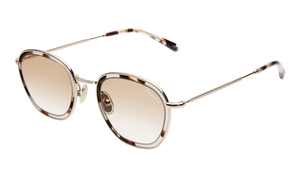 Prince Tate Sunglasses in White Tortoise with Gold lenses, side view
