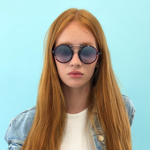 Model with straight red hair wearing Roma II Sunglasses Berry Tortoise with Silver Flat Mirror Gradient
