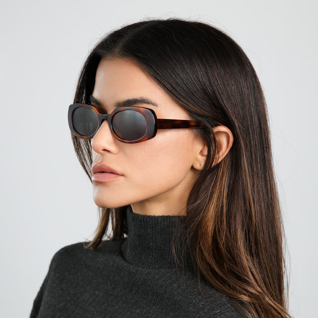 Model in dark gray turtleneck looking to her right wearing Shirley 51 Sunglasses Havana with Grey