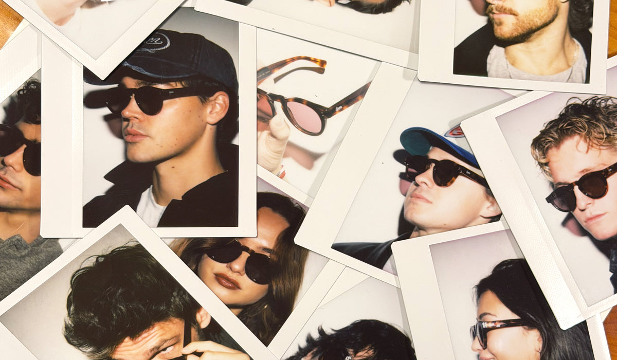 A collage of overlapping Polaroid-style photos showing people wearing Sown x illesteva sunglasses.
