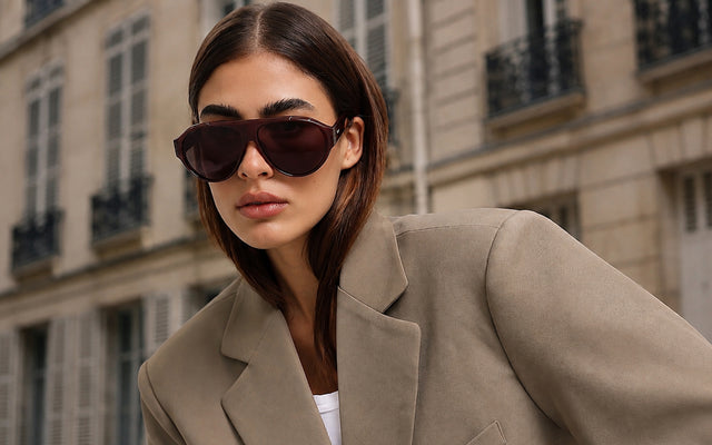 Woman in a beige oversized blazer wearing the Telluride Sunglasses