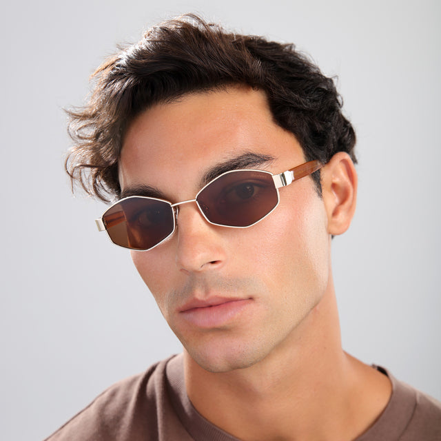 Man with brown hair in a brown tee wearing Tucson Sunglasses Gold/Honey with Brown
