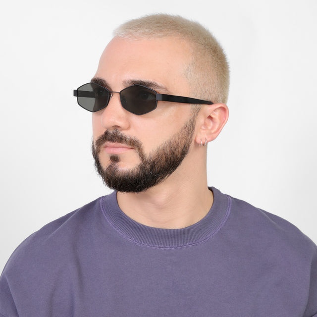 Bearded model looking right wearing Tucson Sunglasses Matte Black with Grey