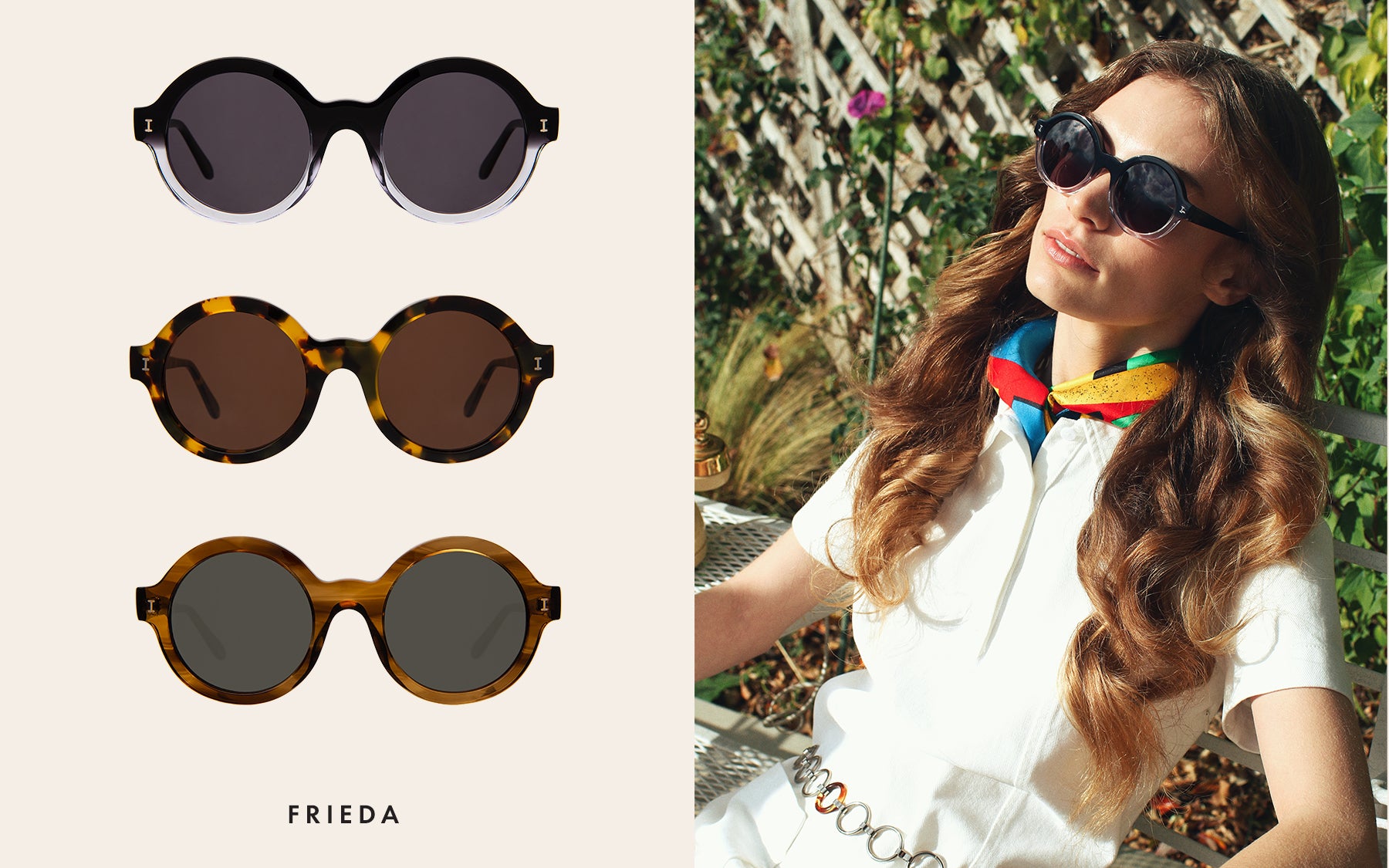 Frieda (10 year anniversary edition) shown in three colors alongside a brunette model wearing the Frieda in H/H Black/Clear