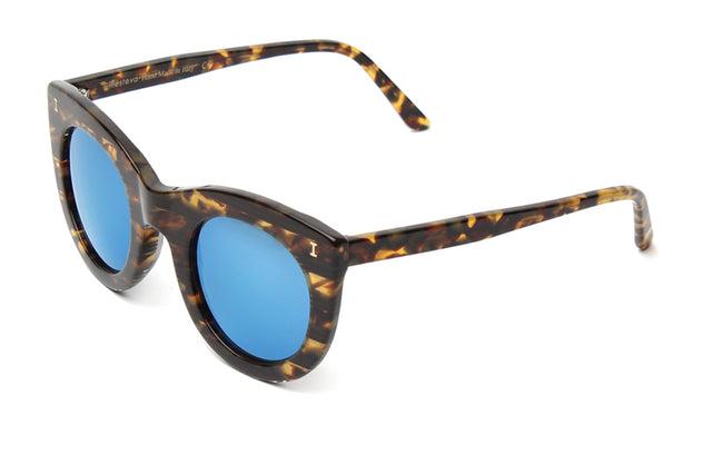 Boca Sunglasses Side Profile in Tortoise Stripes / Blue Mirror