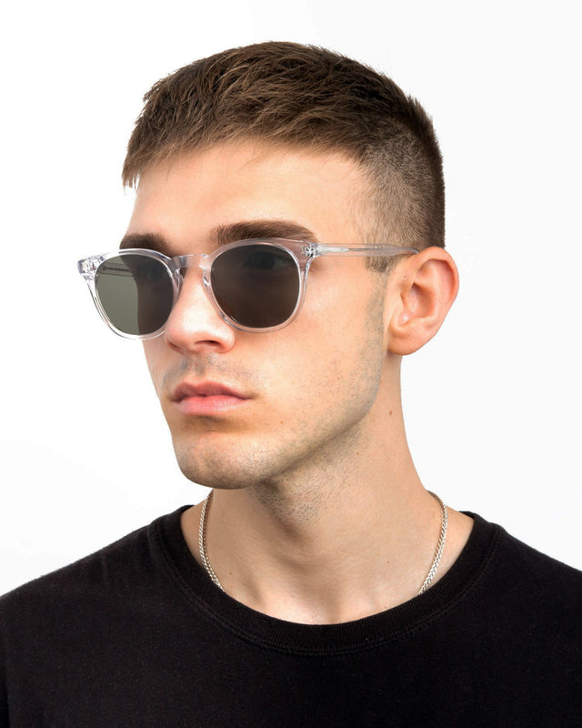 Model with semi short brown hair wearing Eldridge Sunglasses Clear with Olive Flat